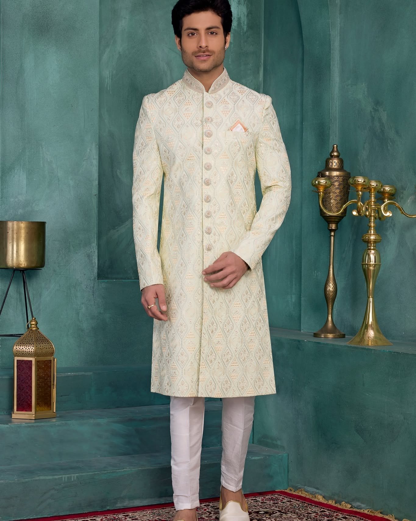 Grace meets tradition in this elegant Pista Green Designer Sherwani for Men